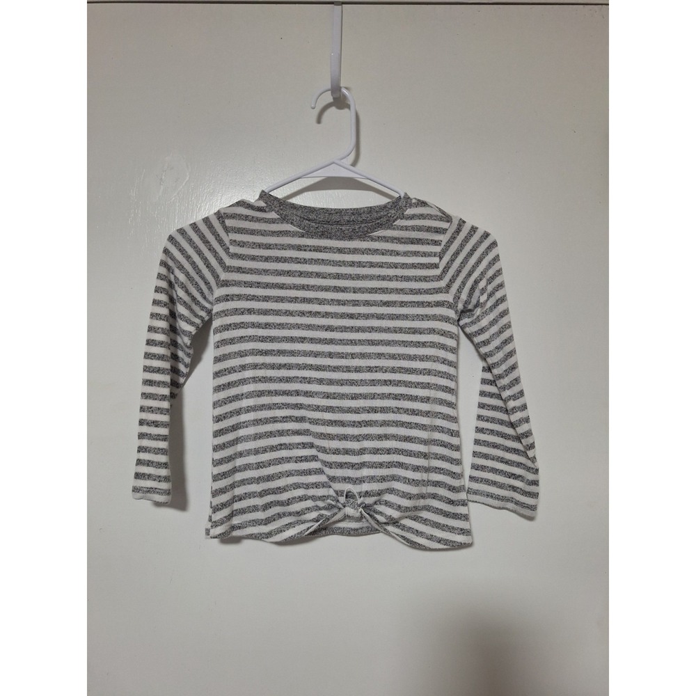 Cat & Jack Girls XS 4 5 Top Shirt Long Sleeve Front Knot Tie Striped Gray White